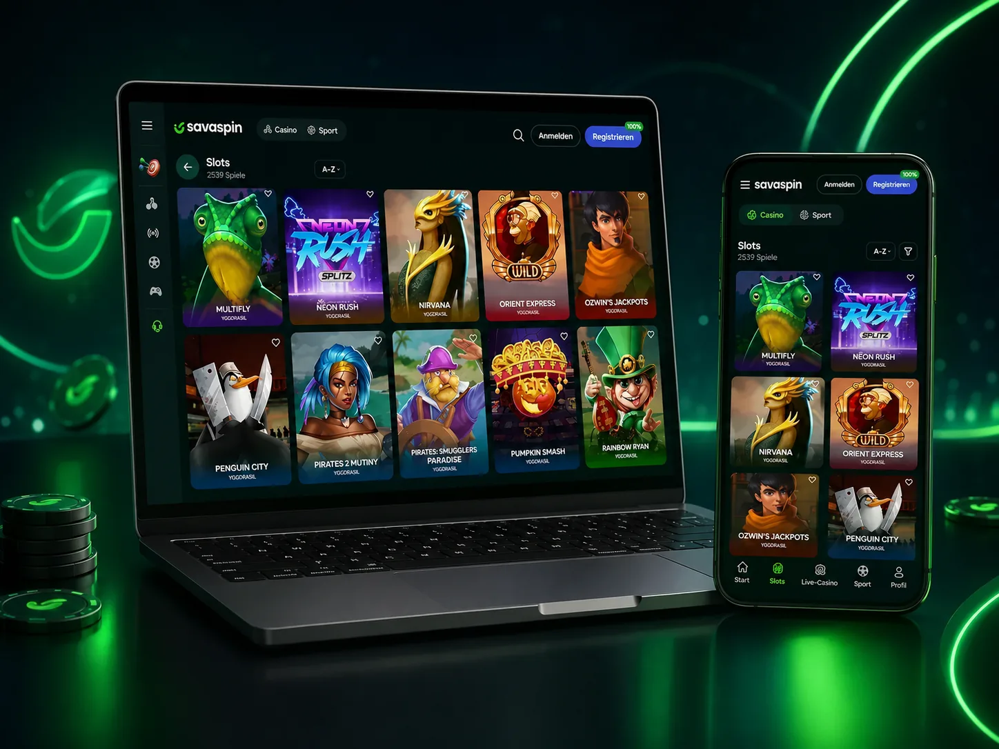 Savaspin Spielelobby auf Desktop und Smartphone
