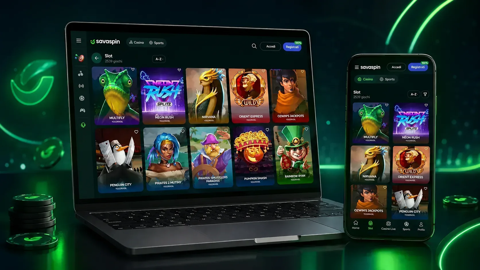 Lobby giochi Savaspin su desktop e smartphone